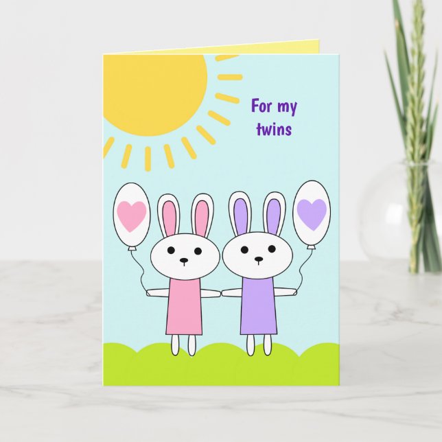 Cartes Pour Fêtes Annuelles Pâques Pink Violet Bunny Filles jumelles (Devant)