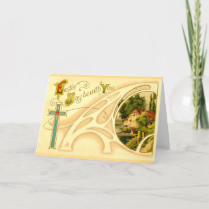Cartes Pour Fêtes Annuelles Pâques religieuse avec la croix et la vignette