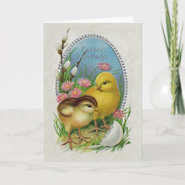 Cartes Pour Fêtes Annuelles Pâques Salutations Jaune Chicks Fleurs (Devant)