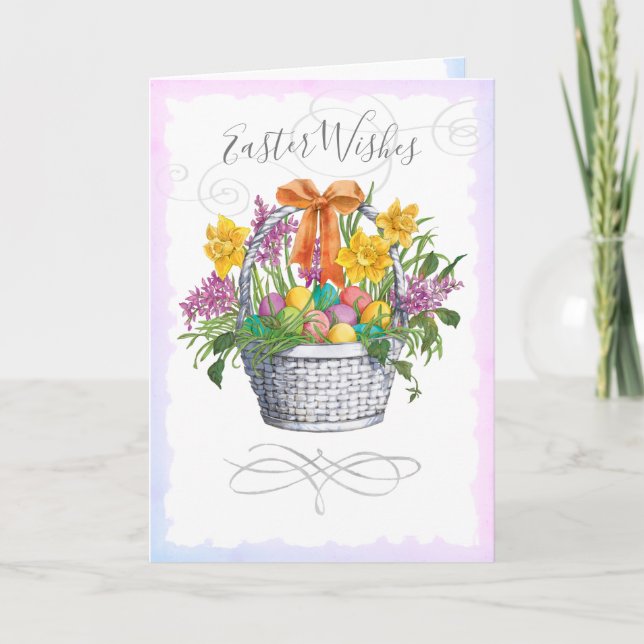 Cartes Pour Fêtes Annuelles Pâques Souhaits Aquarelle Floral Panier Oeufs (Devant)