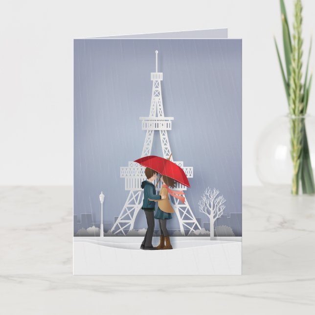 Cartes Pour Fêtes Annuelles Parapluie Rouge À Paris Couple Valentines (Devant)