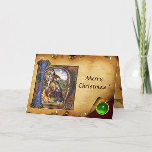 Cartes Pour Fêtes Annuelles PARCHEMENT DE NATIVITÉ Monogramme d'émeraude vert