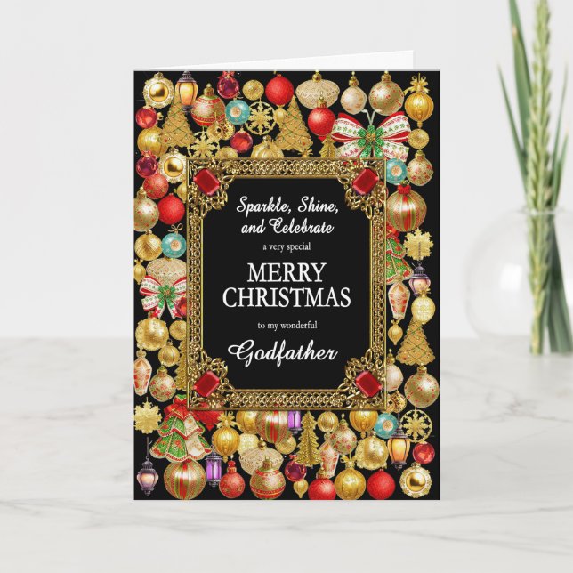 Cartes Pour Fêtes Annuelles Parrain Joyeux Noël avec ornements (Devant)