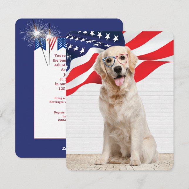 Cartes Pour Fêtes Annuelles Parti 4 juillet Golden Retriever (Devant / Derrière)