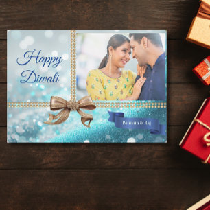 Cartes Pour Fêtes Annuelles Parties scintillant Bleue Gold Bow Diwali Photo Sa