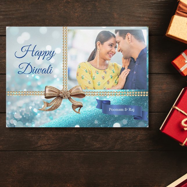 Cartes Pour Fêtes Annuelles Parties scintillant Bleue Gold Bow Diwali Photo Sa (Créateur téléchargé)