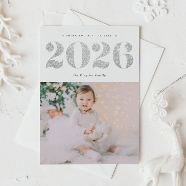 Cartes Pour Fêtes Annuelles parties scintillant d'argent Faux 2025 Joyeux Nouv (Customizable photo 2026 Happy New Year card featuring festive faux silver foil glitter.)
