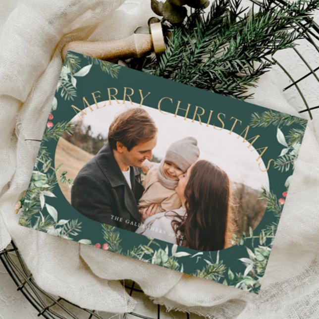 Cartes Pour Fêtes Annuelles Parties scintillant d'or Foliage de Noël (Christmas foliage greenery photo holiday card.)