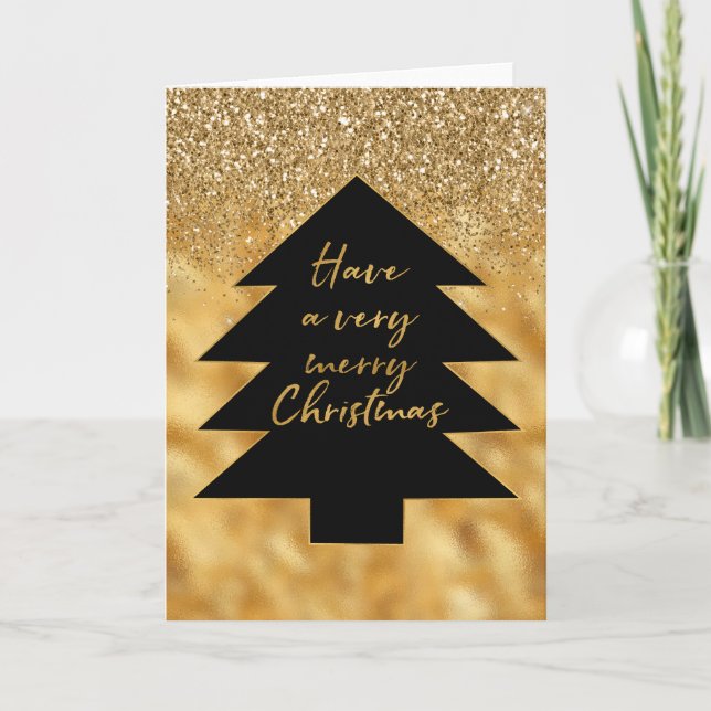 Cartes Pour Fêtes Annuelles Parties scintillant d'or Noir Arbre de Noël (Devant)