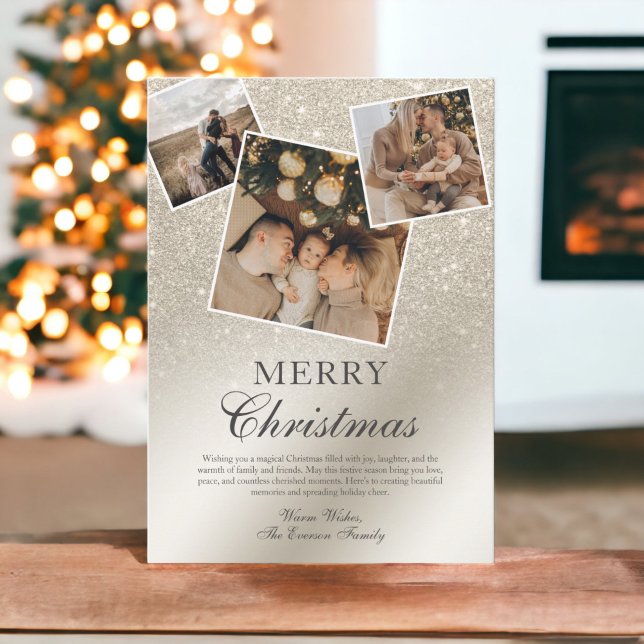 Cartes Pour Fêtes Annuelles parties scintillant en ivoire perlé ombre 3 photos (pearl ivory glitter ombre 3 photos Merry Christmas Holiday Card)