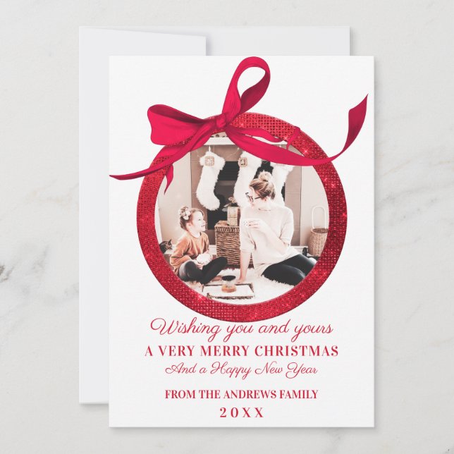Cartes Pour Fêtes Annuelles Parties scintillant rouge blanc Bow Ornement photo (Devant)