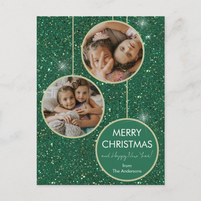 Cartes Pour Fêtes Annuelles Parties scintillant verte Photo Joyeux Noël (Devant)