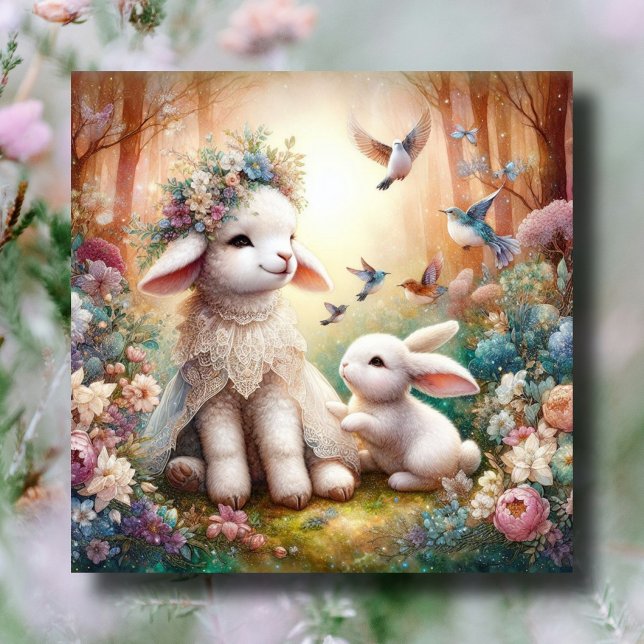 Cartes Pour Fêtes Annuelles Pastel Floral Bois Lapin Agneau Chrétien Pâques (Créateur téléchargé)
