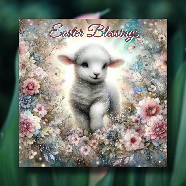 Cartes Pour Fêtes Annuelles Pastel Parties scintillant Aquarelle Lamb Floral P (Créateur téléchargé)