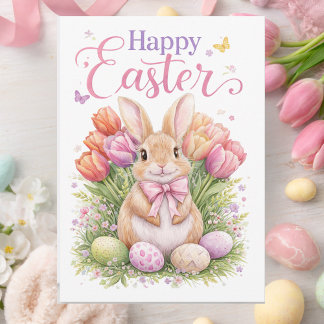 Cartes Pour Fêtes Annuelles Pastel Pink Tulips Easter Bunny Happy Easter