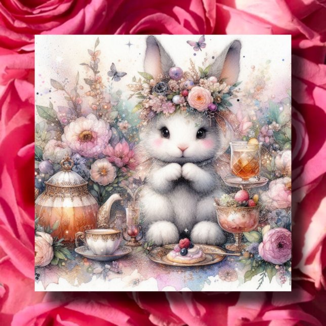 Cartes Pour Fêtes Annuelles Pastel Purple Floral Imaginaire Bunny Thé Pâques (Créateur téléchargé)