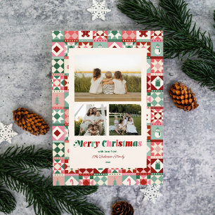 Cartes Pour Fêtes Annuelles Patchwork Noël Rose Rouge Vert Trois Photos