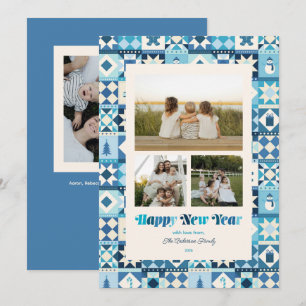 Cartes Pour Fêtes Annuelles Patchwork Nouvel An Teintes de Bleu Trois Photos
