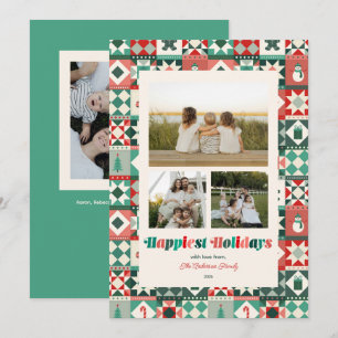 Cartes Pour Fêtes Annuelles Patchwork Vacances Rouge et Vert Trois Photo