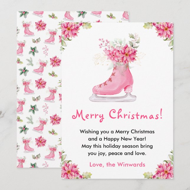 Cartes Pour Fêtes Annuelles Patinage de glace à fleurs rose Joyeux Noël (Devant / Derrière)