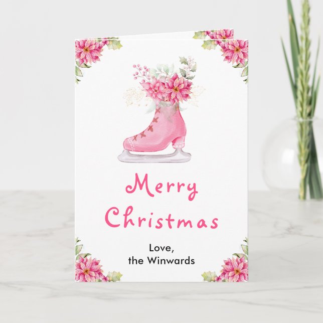 Cartes Pour Fêtes Annuelles Patinage de glace à fleurs rose Joyeux Noël (Devant)