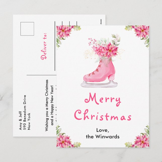 Cartes Pour Fêtes Annuelles Patinage de glace à fleurs rose Joyeux Noël (Devant / Derrière)