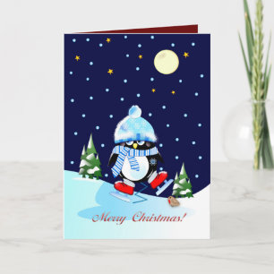 Cartes Pour Fêtes Annuelles Patinage pingouin avec texte de Noël personnalisé