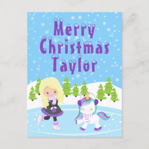 Cartes Pour Fêtes Annuelles Patinage sur glace Blonde cheveux fille Joyeux Noë