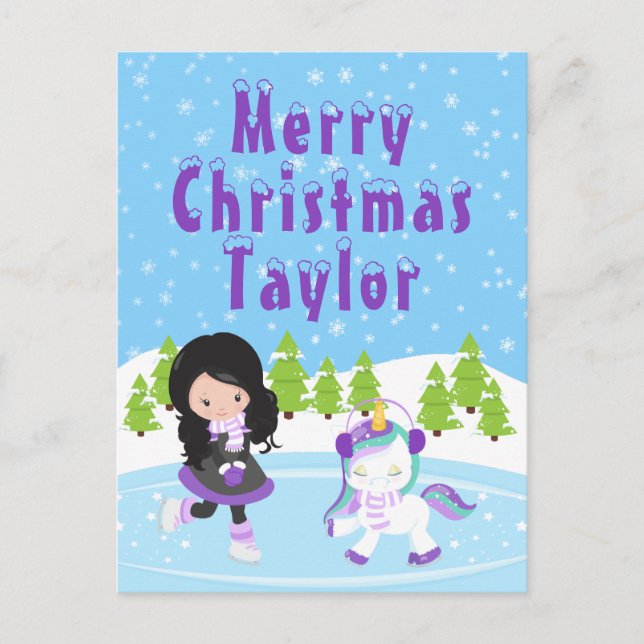 Cartes Pour Fêtes Annuelles Patinage sur glace Coiffeuse noire fille Joyeux No (Devant)