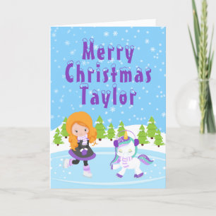 Cartes Pour Fêtes Annuelles Patinage sur glace Red Hair Girl Joyeux Noël
