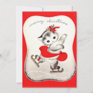 Cartes Pour Fêtes Annuelles Patinage Vintage sur glace Chat de Noël blanc