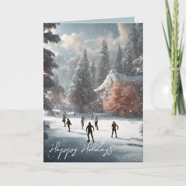 Cartes Pour Fêtes Annuelles Patineuse Sur Glace De Noël Dans Un Étang (Devant)