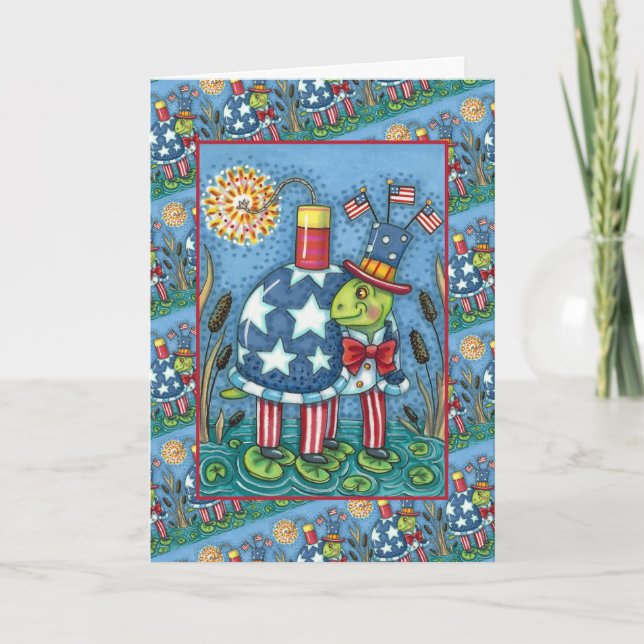 CARTES POUR FÊTES ANNUELLES PATRIOTIQUE ONCLE SAM TURTLE, FUNNY FIRECRACKER MÊ (Devant)