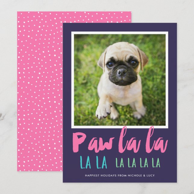 Cartes Pour Fêtes Annuelles Paw La La Pet Photo Moderne Noël rose (Devant / Derrière)