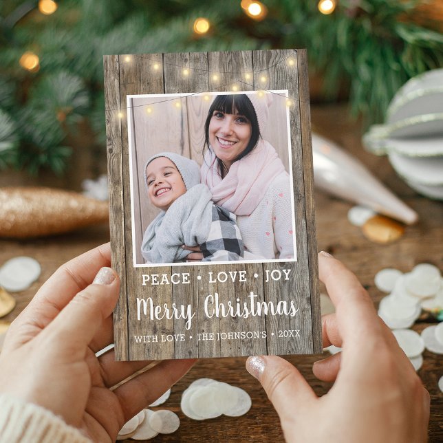 Cartes Pour Fêtes Annuelles Pays Lumières rustiques en bois Photo Joyeux Noël (Country Rustic Wood Lights Photo Merry Christmas Holiday Card)