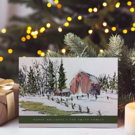Cartes Pour Fêtes Annuelles Paysage aquarelle personnalisé de grange rouge d'h