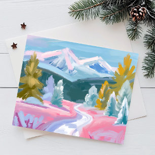 Cartes Pour Fêtes Annuelles Paysage de montagne pastel en hiver   Traits de pe