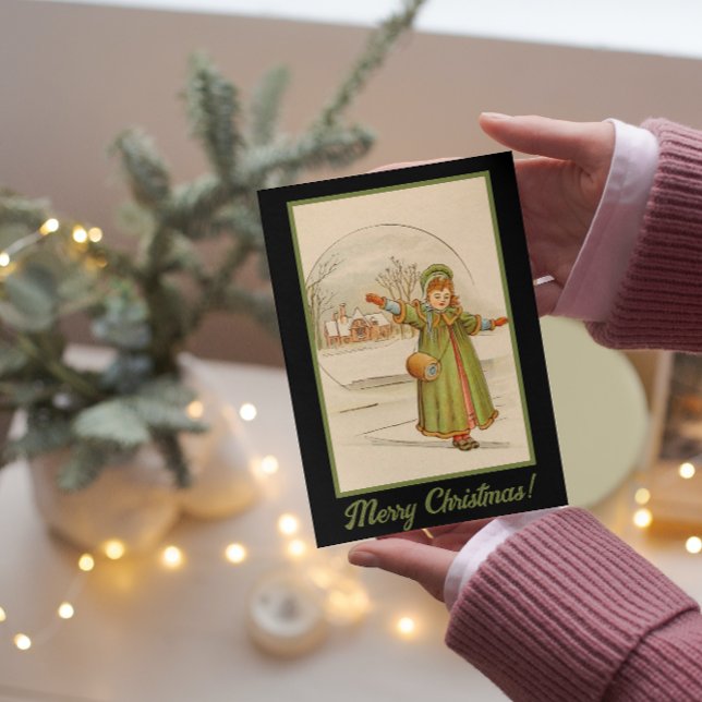 Cartes Pour Fêtes Annuelles Paysage de Noël Vintage Baby Girl Robe verte (Créateur téléchargé)