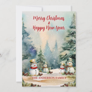 Cartes Pour Fêtes Annuelles Paysage d'Hiver : Pins et Bonhommes de Neige