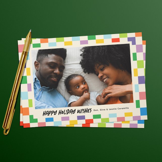 Cartes Pour Fêtes Annuelles Paysage en damier de couleur vive (colorful checkerboard patterned landscape one photo holiday card)