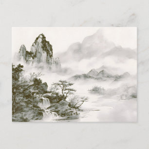 Cartes Pour Fêtes Annuelles Paysage minimaliste de montagne zen à l'encre brum