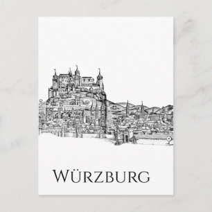 Cartes Pour Fêtes Annuelles Paysage urbain de Würzburg en Bavière, art linéair