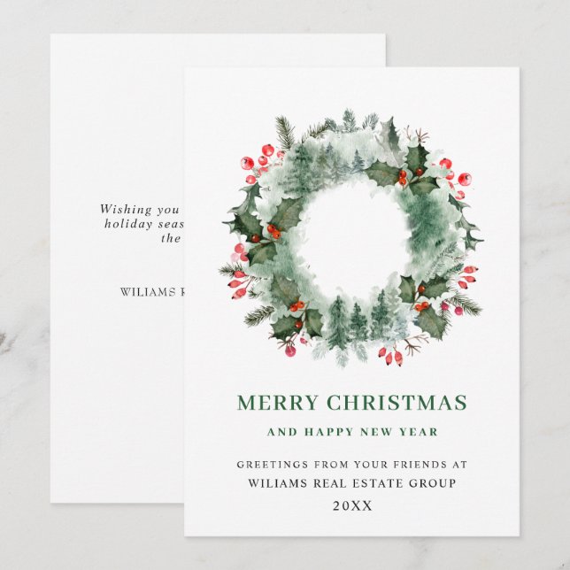 Cartes Pour Fêtes Annuelles Paysage Wreath Holly Berry Pine Forest Noël (Devant / Derrière)