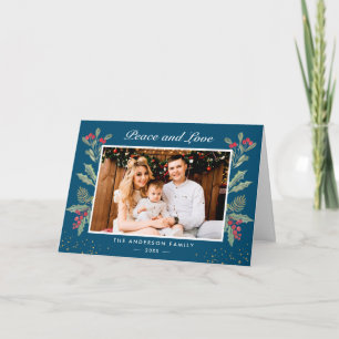 Cartes Pour Fêtes Annuelles Peace and Love Winter Blue Christmas Berries Photo