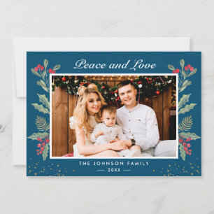 Cartes Pour Fêtes Annuelles Peace and Love Winter Blue Holly Berries Photo