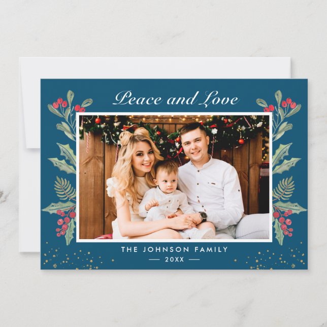 Cartes Pour Fêtes Annuelles Peace and Love Winter Blue Holly Berries Photo (Devant)