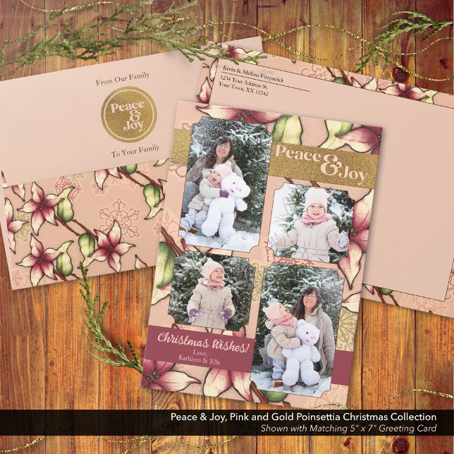 Cartes Pour Fêtes Annuelles Peace & Joie, Rose, Bourgogne, Poinsettia Or Photo (Peace and Joy, Pink and Gold Poinsettia Holiday Card Shown with Matching Envelope.)