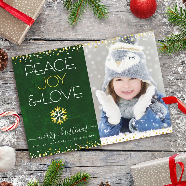 Cartes Pour Fêtes Annuelles Peace Jove Love Green Photo Christmas Snowflakes (Créateur téléchargé)