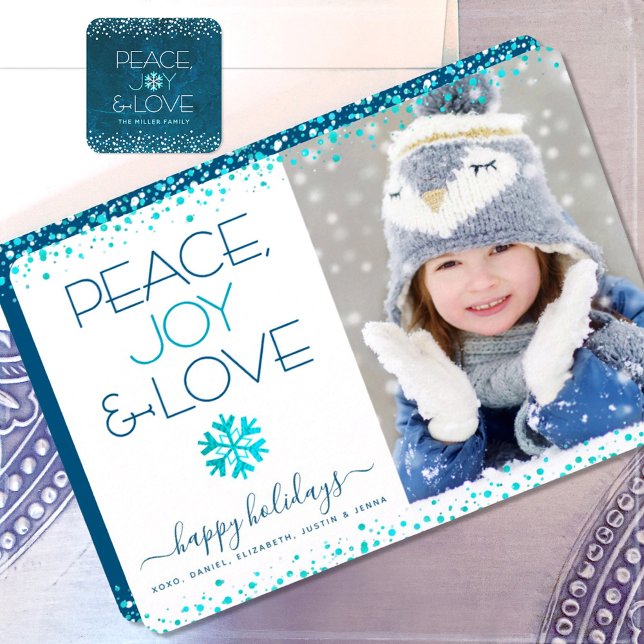 Cartes Pour Fêtes Annuelles Peace Jove Love Script Chic Modern Snowflake Photo (Créateur téléchargé)
