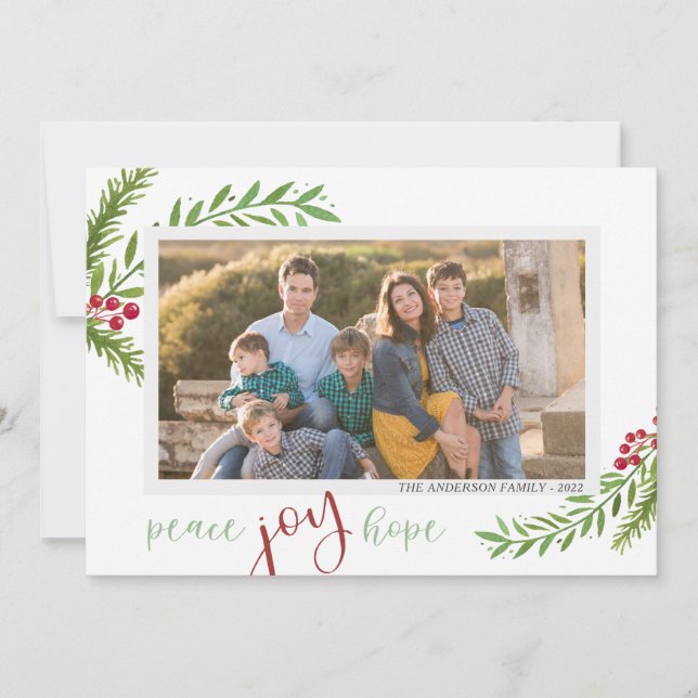 Cartes Pour Fêtes Annuelles Peace Joy Hope Aquarelle Deux photos Noël (Devant)